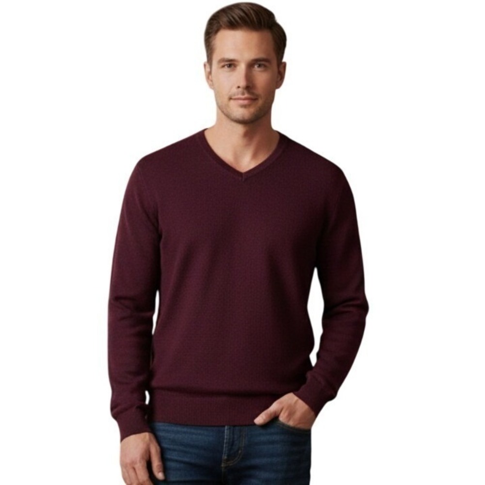 John Bartlett XXL Designer Sweater Burgundy Wine VNeck Textured Preppy Classic